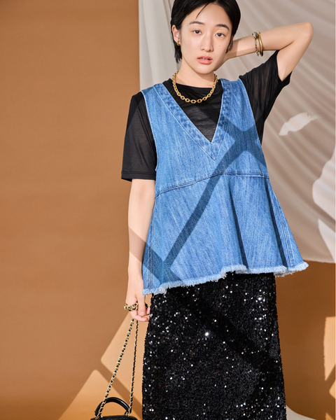 画像をギャラリービューアに読み込む, 低身長用トップス/小柄用/低身長/小柄セットセットアップ/デニム/低身長ブランド/小柄ブランド/ペプラムデニム/小柄デニム/小柄トップス/デザイントップス/韓国/デニムセットアップ/フリンジデニム