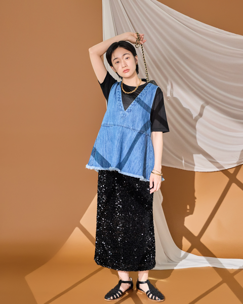 画像をギャラリービューアに読み込む, 低身長用トップス/小柄用/低身長/小柄セットセットアップ/デニム/低身長ブランド/小柄ブランド/ペプラムデニム/小柄デニム/小柄トップス/デザイントップス/韓国/デニムセットアップ/フリンジデニム