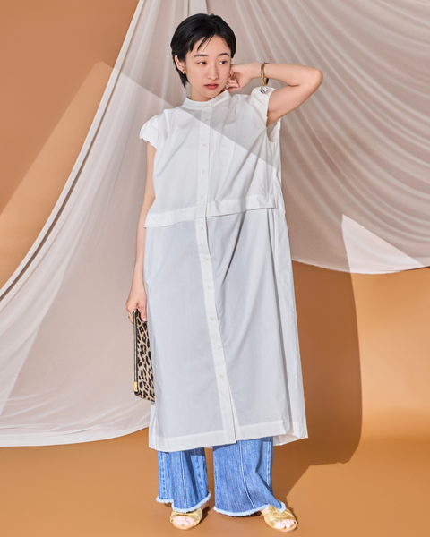 画像をギャラリービューアに読み込む, 小柄ワンピース/低身長ワンピース/こコットンワンピース/低身長シャツワンピース/マルチway/取り外し可能/短丈ブラウス/パフスリーブブラウス