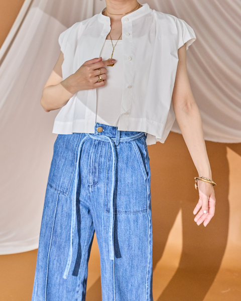 画像をギャラリービューアに読み込む, 小柄ワンピース/低身長ワンピース/こコットンワンピース/低身長シャツワンピース/マルチway/取り外し可能/短丈ブラウス/パフスリーブブラウス