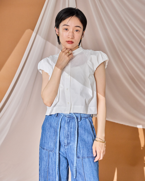 画像をギャラリービューアに読み込む, 小柄ワンピース/低身長ワンピース/こコットンワンピース/低身長シャツワンピース/マルチway/取り外し可能/短丈ブラウス/パフスリーブブラウス