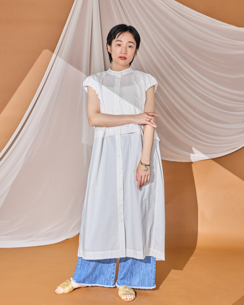 画像をギャラリービューアに読み込む, 小柄ワンピース/低身長ワンピース/こコットンワンピース/低身長シャツワンピース/マルチway/取り外し可能/短丈ブラウス/パフスリーブブラウス