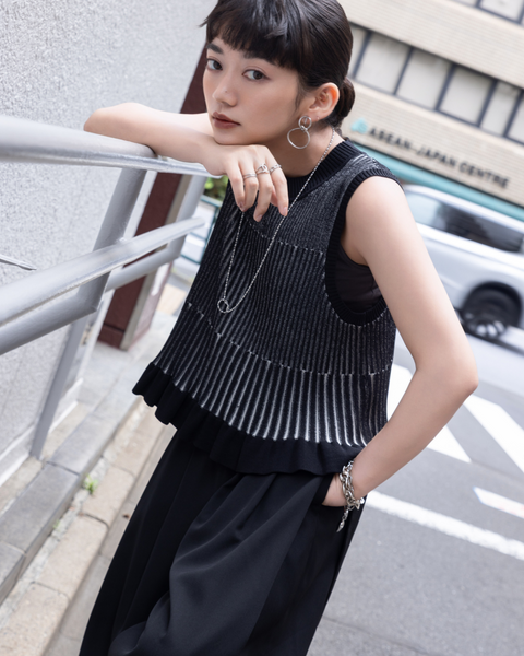 画像をギャラリービューアに読み込む, 低身長用シャツ/小柄用/低身長/シャツ/低身長ブランド/小柄ブランド/小柄TOPS/デザイントップス/配色フリルニット/ニットプルオーバー