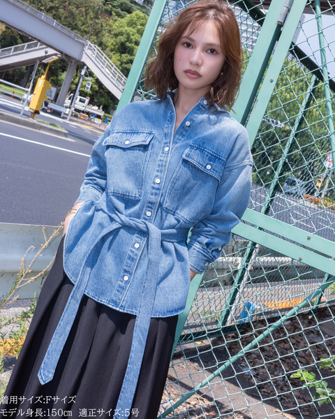 画像をギャラリービューアに読み込む, 小柄ブランド/低身長ブランド/低身長/小柄/小柄シャツ/デニムシャツ/リボンシャツ/147cm/低身長コーディネート