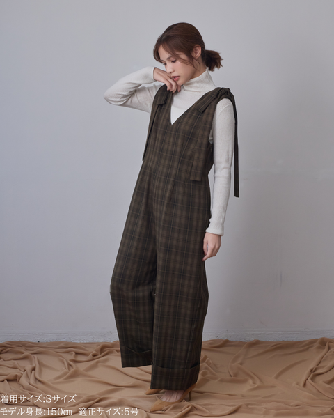 画像をギャラリービューアに読み込む, 低身長パンツ/低身長用ボトム/ボトム/オーバーオール/小柄用/XSサイズ/SSサイズ/147㎝/低身長ブランド/低身長ハイウエストパンツ/オールインワン/小柄オールインワン/チェックロンパース/リボン