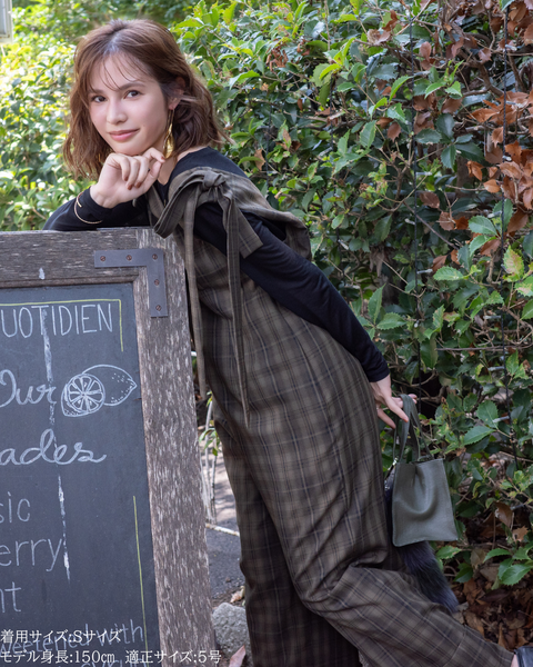 画像をギャラリービューアに読み込む, 低身長パンツ/低身長用ボトム/ボトム/オーバーオール/小柄用/XSサイズ/SSサイズ/147㎝/低身長ブランド/低身長ハイウエストパンツ/オールインワン/小柄オールインワン/チェックロンパース/リボン