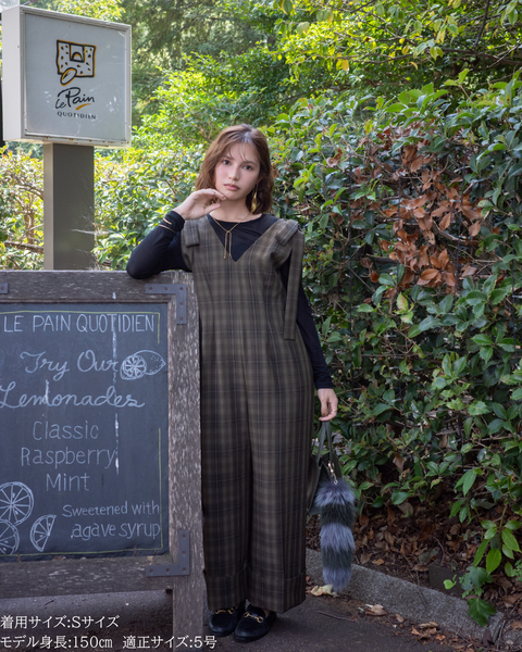 画像をギャラリービューアに読み込む, 低身長パンツ/低身長用ボトム/ボトム/オーバーオール/小柄用/XSサイズ/SSサイズ/147㎝/低身長ブランド/低身長ハイウエストパンツ/オールインワン/小柄オールインワン/チェックロンパース/リボン