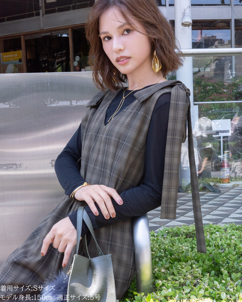 画像をギャラリービューアに読み込む, 低身長パンツ/低身長用ボトム/ボトム/オーバーオール/小柄用/XSサイズ/SSサイズ/147㎝/低身長ブランド/低身長ハイウエストパンツ/オールインワン/小柄オールインワン/チェックロンパース/リボン