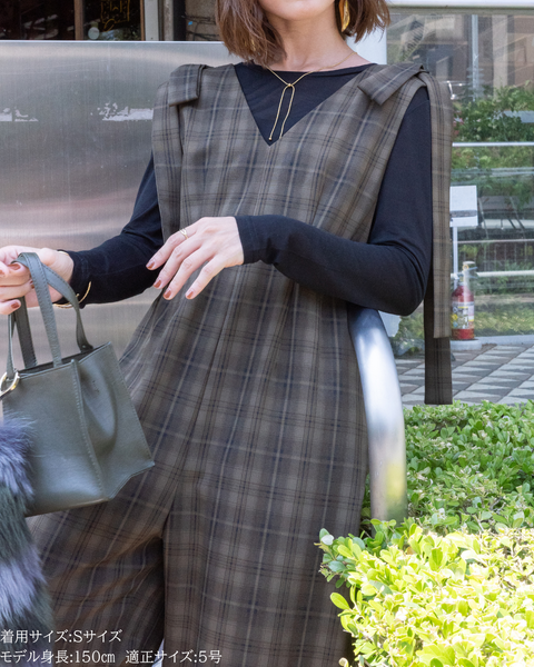 画像をギャラリービューアに読み込む, 低身長パンツ/低身長用ボトム/ボトム/オーバーオール/小柄用/XSサイズ/SSサイズ/147㎝/低身長ブランド/低身長ハイウエストパンツ/オールインワン/小柄オールインワン/チェックロンパース/リボン