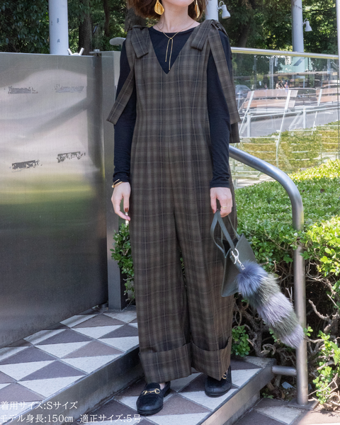 画像をギャラリービューアに読み込む, 低身長パンツ/低身長用ボトム/ボトム/オーバーオール/小柄用/XSサイズ/SSサイズ/147㎝/低身長ブランド/低身長ハイウエストパンツ/オールインワン/小柄オールインワン/チェックロンパース/リボン