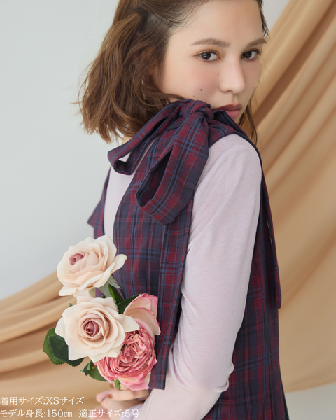 画像をギャラリービューアに読み込む, 低身長パンツ/低身長用ボトム/ボトム/オーバーオール/小柄用/XSサイズ/SSサイズ/147㎝/低身長ブランド/低身長ハイウエストパンツ/オールインワン/小柄オールインワン/チェックロンパース/リボン