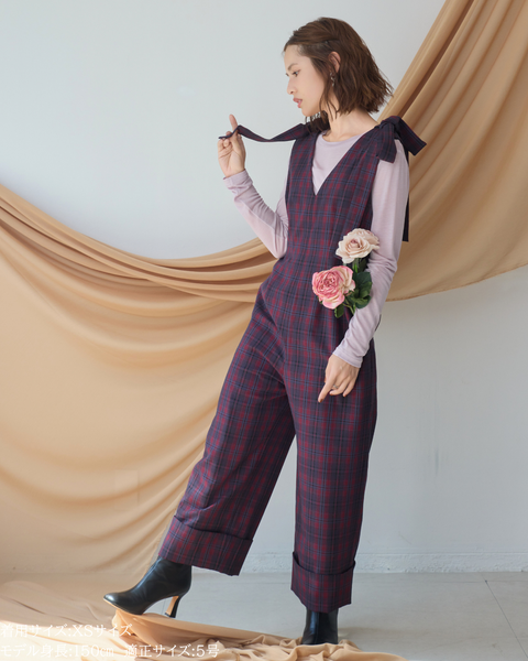 画像をギャラリービューアに読み込む, 低身長パンツ/低身長用ボトム/ボトム/オーバーオール/小柄用/XSサイズ/SSサイズ/147㎝/低身長ブランド/低身長ハイウエストパンツ/オールインワン/小柄オールインワン/チェックロンパース/リボン