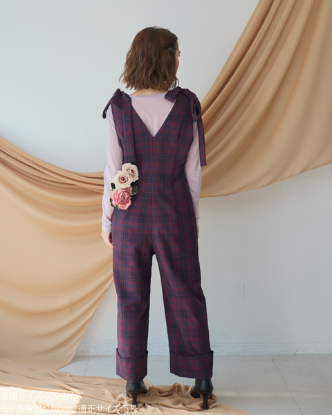 画像をギャラリービューアに読み込む, 低身長パンツ/低身長用ボトム/ボトム/オーバーオール/小柄用/XSサイズ/SSサイズ/147㎝/低身長ブランド/低身長ハイウエストパンツ/オールインワン/小柄オールインワン/チェックロンパース/リボン