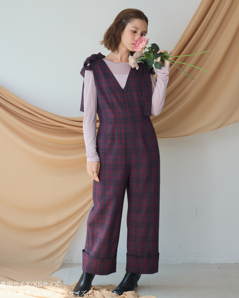 画像をギャラリービューアに読み込む, 低身長パンツ/低身長用ボトム/ボトム/オーバーオール/小柄用/XSサイズ/SSサイズ/147㎝/低身長ブランド/低身長ハイウエストパンツ/オールインワン/小柄オールインワン/チェックロンパース/リボン