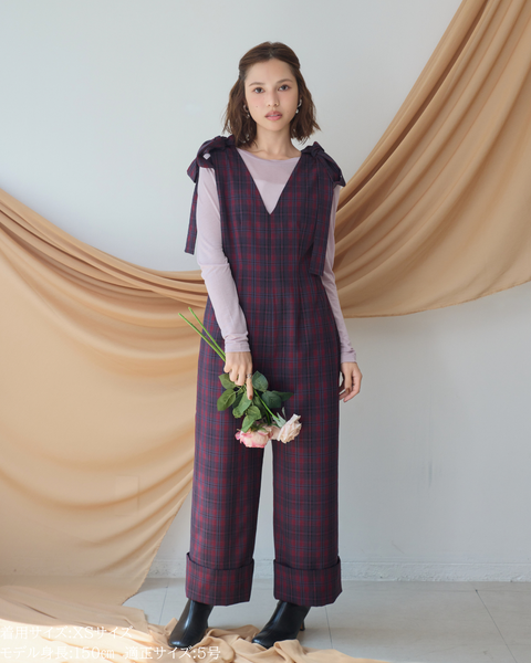 画像をギャラリービューアに読み込む, 低身長パンツ/低身長用ボトム/ボトム/オーバーオール/小柄用/XSサイズ/SSサイズ/147㎝/低身長ブランド/低身長ハイウエストパンツ/オールインワン/小柄オールインワン/チェックロンパース/リボン