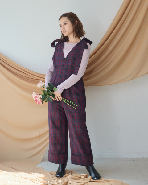 画像をギャラリービューアに読み込む, 低身長パンツ/低身長用ボトム/ボトム/オーバーオール/小柄用/XSサイズ/SSサイズ/147㎝/低身長ブランド/低身長ハイウエストパンツ/オールインワン/小柄オールインワン/チェックロンパース/リボン