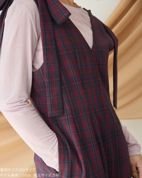 画像をギャラリービューアに読み込む, 低身長パンツ/低身長用ボトム/ボトム/オーバーオール/小柄用/XSサイズ/SSサイズ/147㎝/低身長ブランド/低身長ハイウエストパンツ/オールインワン/小柄オールインワン/チェックロンパース/リボン