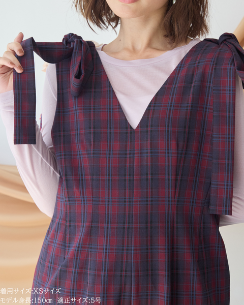 画像をギャラリービューアに読み込む, 低身長パンツ/低身長用ボトム/ボトム/オーバーオール/小柄用/XSサイズ/SSサイズ/147㎝/低身長ブランド/低身長ハイウエストパンツ/オールインワン/小柄オールインワン/チェックロンパース/リボン