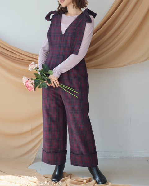 画像をギャラリービューアに読み込む, 低身長パンツ/低身長用ボトム/ボトム/オーバーオール/小柄用/XSサイズ/SSサイズ/147㎝/低身長ブランド/低身長ハイウエストパンツ/オールインワン/小柄オールインワン/チェックロンパース/リボン