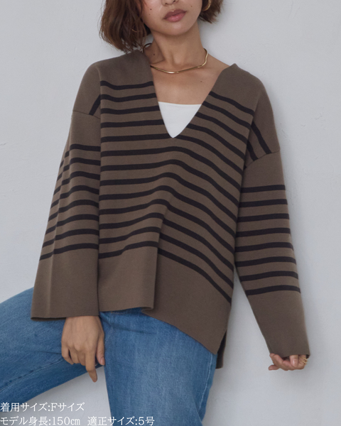 画像をギャラリービューアに読み込む, 低身長向けトップス/低身長用/小柄ワトップス/小柄用/147㎝/SSサイス/XSサイズ/ボーダーニット/ニット/低身長ニット/短丈/秋冬春/深V