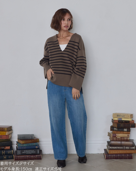 画像をギャラリービューアに読み込む, 低身長向けトップス/低身長用/小柄ワトップス/小柄用/147㎝/SSサイス/XSサイズ/ボーダーニット/ニット/低身長ニット/短丈/秋冬春/深V