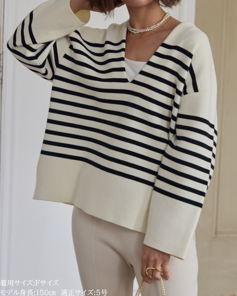 画像をギャラリービューアに読み込む, 低身長向けトップス/低身長用/小柄ワトップス/小柄用/147㎝/SSサイス/XSサイズ/ボーダーニット/ニット/低身長ニット/短丈/秋冬春/深V