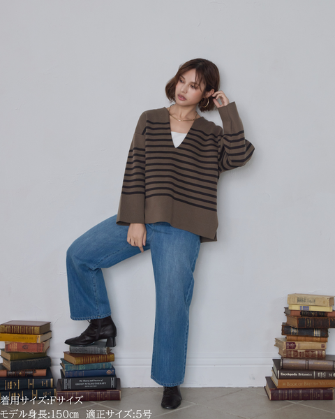 画像をギャラリービューアに読み込む, 低身長向けトップス/低身長用/小柄ワトップス/小柄用/147㎝/SSサイス/XSサイズ/ボーダーニット/ニット/低身長ニット/短丈/秋冬春/深V