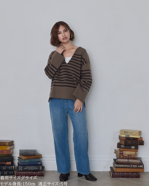 画像をギャラリービューアに読み込む, 低身長向けトップス/低身長用/小柄ワトップス/小柄用/147㎝/SSサイス/XSサイズ/ボーダーニット/ニット/低身長ニット/短丈/秋冬春/深V