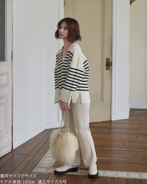 画像をギャラリービューアに読み込む, 低身長向けトップス/低身長用/小柄ワトップス/小柄用/147㎝/SSサイス/XSサイズ/ボーダーニット/ニット/低身長ニット/短丈/秋冬春/深V