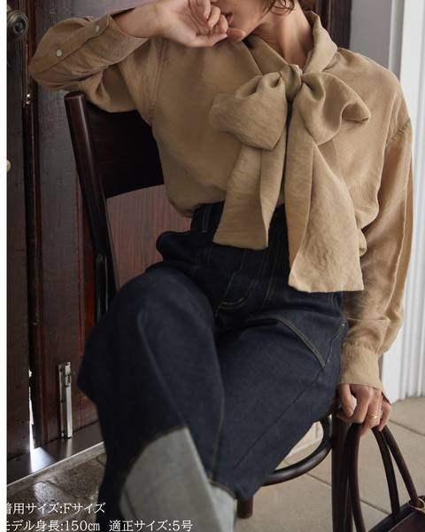 画像をギャラリービューアに読み込む, 小柄ブランド/低身長ブランド/低身長/小柄/小柄シャツ/ブラウス/ボウタイブラウス/リボンブラウス/取り外し可能/セルロース生地/上質素材/147㎝/Sサイズ