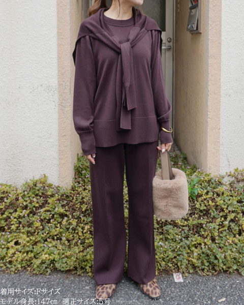 画像をギャラリービューアに読み込む, 低身長向けトップス/低身長用/小柄ワトップス/小柄用/147㎝/SSサイス/XSサイズ/インナー/クルーニット/低身長/ウール/ウールインナー/カーデ風ストール付き/デザインニット