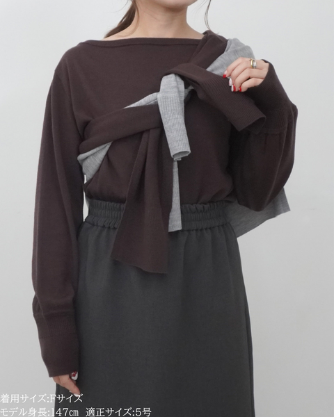 画像をギャラリービューアに読み込む, 低身長向けトップス/低身長用/小柄ワトップス/小柄用/147㎝/SSサイス/XSサイズ/インナー/クルーニット/低身長/ウール/ウールインナー/カーデ風ストール付き/デザインニット/ボートネックニット/ボートネック/ウール100%