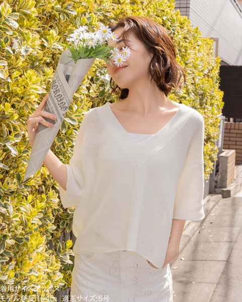 画像をギャラリービューアに読み込む, 小柄ブランド / 低身長ブランド / 低身長 / 小柄 / サマーニット / 透けニット / ニットプルオーバー / シアーニット / ボーダーニット / 半袖ニット / 低身長トップス / 小柄トップス / 夏トップス / レイヤードコーデ