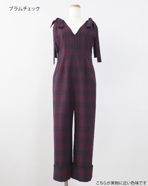 画像をギャラリービューアに読み込む, 低身長パンツ/低身長用ボトム/ボトム/オーバーオール/小柄用/XSサイズ/SSサイズ/147㎝/低身長ブランド/低身長ハイウエストパンツ/オールインワン/小柄オールインワン/チェックロンパース/リボン