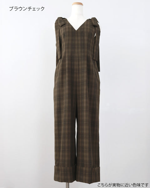 画像をギャラリービューアに読み込む, 低身長パンツ/低身長用ボトム/ボトム/オーバーオール/小柄用/XSサイズ/SSサイズ/147㎝/低身長ブランド/低身長ハイウエストパンツ/オールインワン/小柄オールインワン/チェックロンパース/リボン