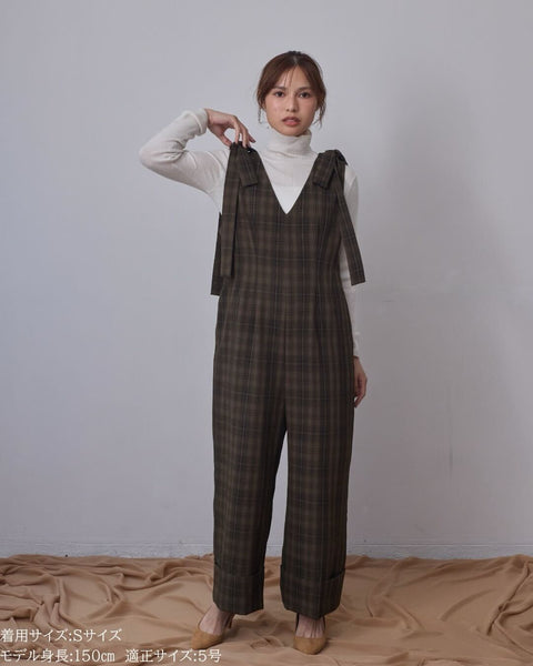 画像をギャラリービューアに読み込む, 低身長パンツ/低身長用ボトム/ボトム/オーバーオール/小柄用/XSサイズ/SSサイズ/147㎝/低身長ブランド/低身長ハイウエストパンツ/オールインワン/小柄オールインワン/チェックロンパース/リボン