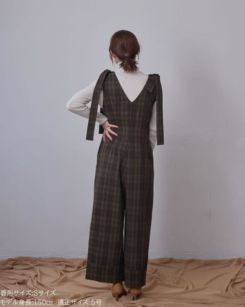 画像をギャラリービューアに読み込む, 低身長パンツ/低身長用ボトム/ボトム/オーバーオール/小柄用/XSサイズ/SSサイズ/147㎝/低身長ブランド/低身長ハイウエストパンツ/オールインワン/小柄オールインワン/チェックロンパース/リボン