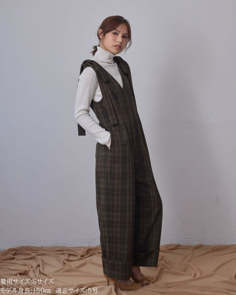 画像をギャラリービューアに読み込む, 低身長パンツ/低身長用ボトム/ボトム/オーバーオール/小柄用/XSサイズ/SSサイズ/147㎝/低身長ブランド/低身長ハイウエストパンツ/オールインワン/小柄オールインワン/チェックロンパース/リボン