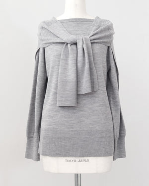 カーデ風ストール付きボートネックウールニット(セットアップ可能)【847】