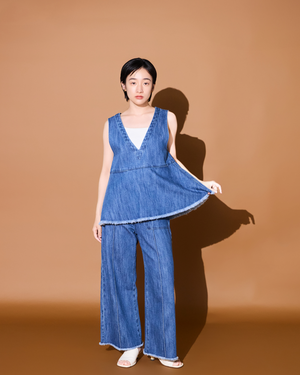低身長用パンツ/小柄用/低身長/小柄セットセットアップ/デニム/低身長ブランド/小柄ブランド/デニムパンツ/小柄デニム/小柄パンツ/デザインパンツ/韓国/デニムセットアップ/フリンジデニム/フリンジ