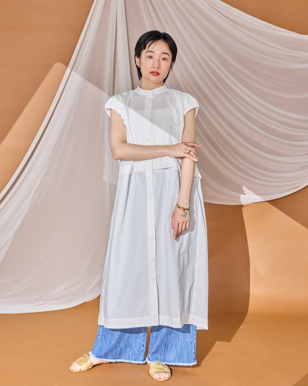 小柄ワンピース/低身長ワンピース/こコットンワンピース/低身長シャツワンピース/マルチway/取り外し可能/短丈ブラウス/パフスリーブブラウス