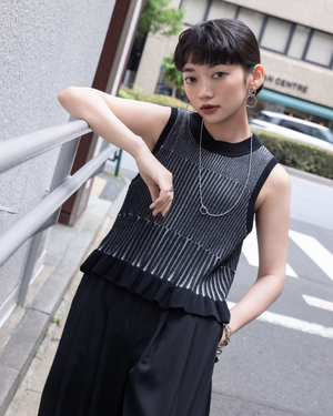 低身長用シャツ/小柄用/低身長/シャツ/低身長ブランド/小柄ブランド/小柄TOPS/デザイントップス/配色フリルニット/ニットプルオーバー