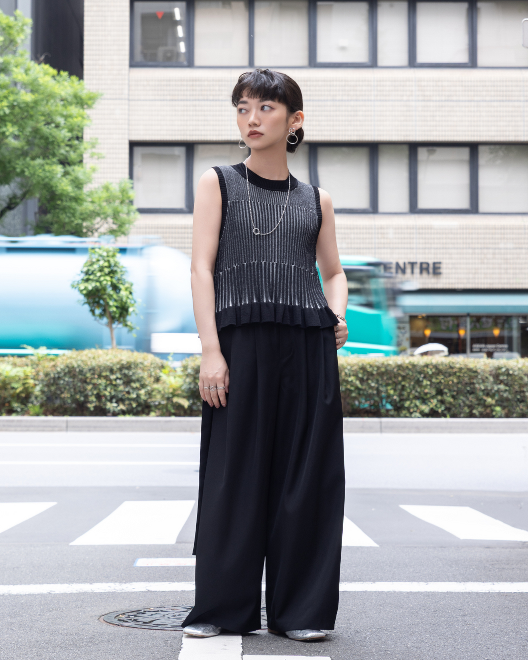 低身長用シャツ/小柄用/低身長/シャツ/低身長ブランド/小柄ブランド/小柄TOPS/デザイントップス/配色フリルニット/ニットプルオーバー