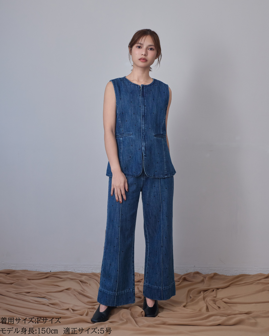 低身長用トップス/小柄用/低身長/小柄セットセットアップ/デニム/低身長ブランド/小柄ブランド/ペプラムデニム/小柄デニム/小柄トップス/デザイントップス/韓国/デニムセットアップ/刺繍/ハート/ハート刺繍