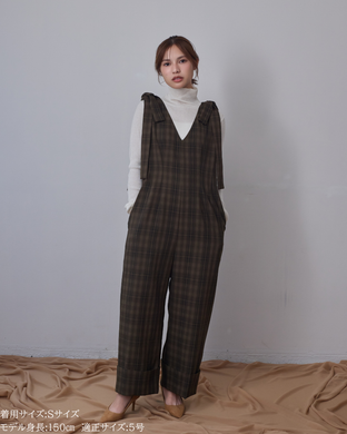 低身長パンツ/低身長用ボトム/ボトム/オーバーオール/小柄用/XSサイズ/SSサイズ/147㎝/低身長ブランド/低身長ハイウエストパンツ/オールインワン/小柄オールインワン/チェックロンパース/リボン