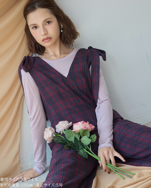 低身長パンツ/低身長用ボトム/ボトム/オーバーオール/小柄用/XSサイズ/SSサイズ/147㎝/低身長ブランド/低身長ハイウエストパンツ/オールインワン/小柄オールインワン/チェックロンパース/リボン