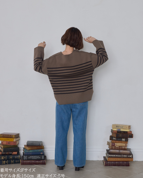 画像をギャラリービューアに読み込む, 低身長向けトップス/低身長用/小柄ワトップス/小柄用/147㎝/SSサイス/XSサイズ/ボーダーニット/ニット/低身長ニット/短丈/秋冬春/深V
