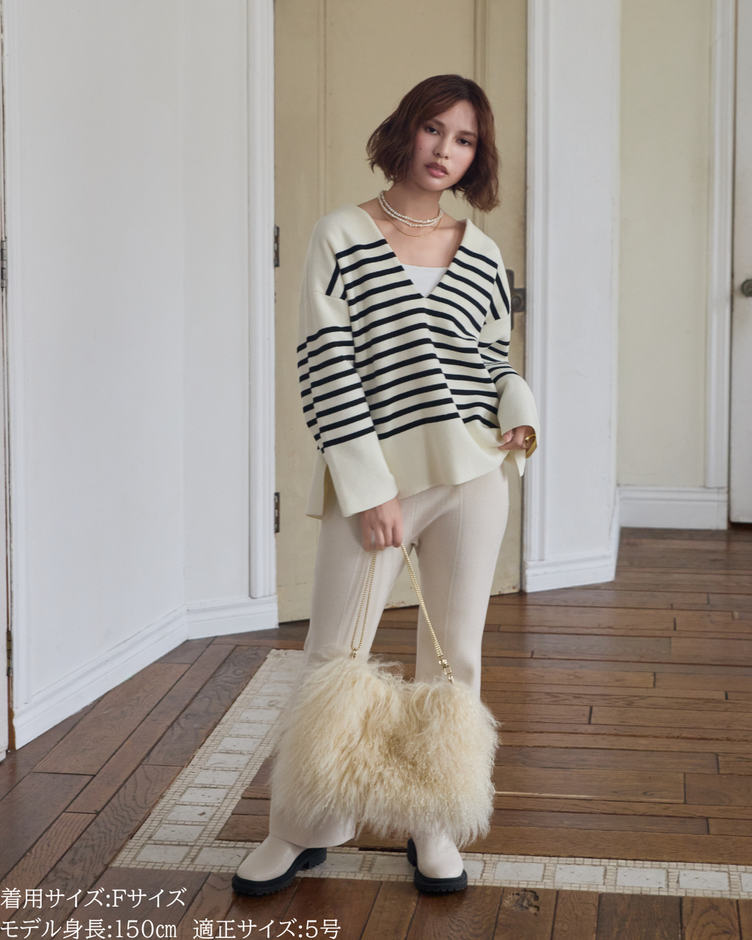 低身長向けトップス/低身長用/小柄ワトップス/小柄用/147㎝/SSサイス/XSサイズ/ボーダーニット/ニット/低身長ニット/短丈/秋冬春/深V