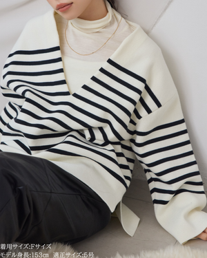 ディープスリットネックボーダーニット【821】