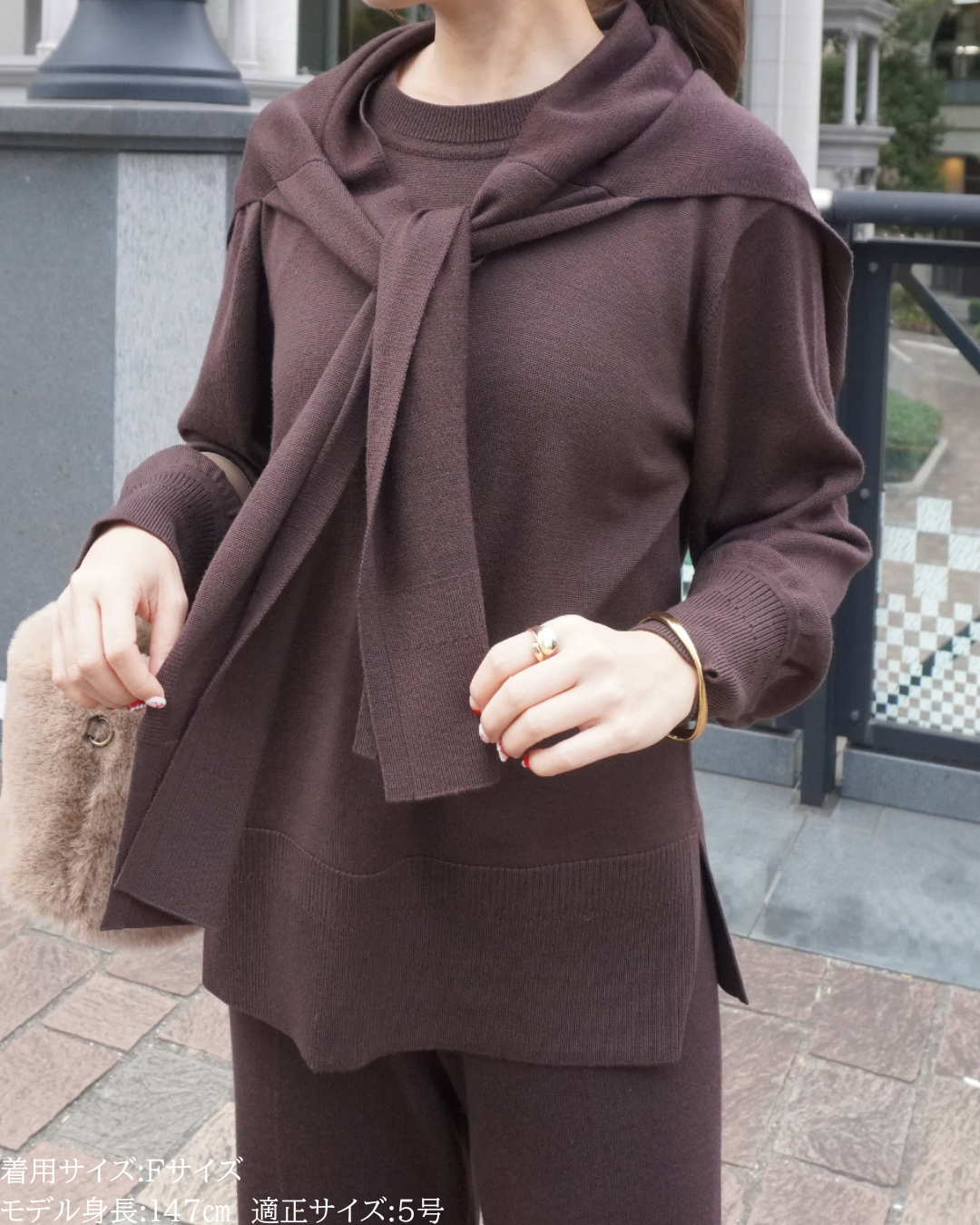 147_ichi_yon_nana】カーデ風ストール付きクルーネックウールニット